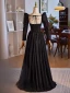 Vintage / Retro Black Lace Rhinestone Prom Dresses 2024 A-Line / Princess Square Neckline Long Sleeve Backless Floor-Length / Long Prom Formal Dresses