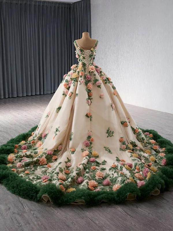 High End Blumenfee Champagner Spitze Blumen Applikationen Ballkleider 2024 Ballkleid Rundhalsausschnitt Ärmellos Rückenfreies Kathedrale Schleppe Ball Festliche Kleider