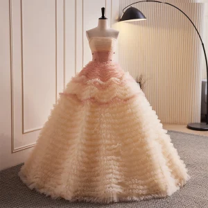 Charmant Champagne Plissée Robe De Bal 2023 Bustier Perle Sans Manches Dos Nu Longue Promo Robe De Ceremonie