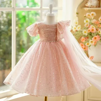 Bling Bling Rougissant Rose Perlage Perle Paillettes Anniversaire Robe Ceremonie Fille 2024 Robe Boule Encolure Dégagée Gonflée Manches Courtes Longue