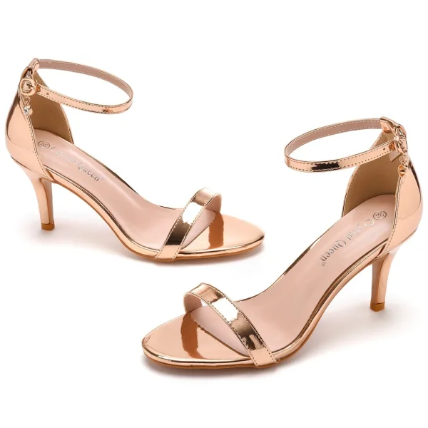 Sexy Gold Abend Sandalen Damen 2023 Knöchelriemen 7 cm Stilettos Peeptoes Sandaletten Hochhackige