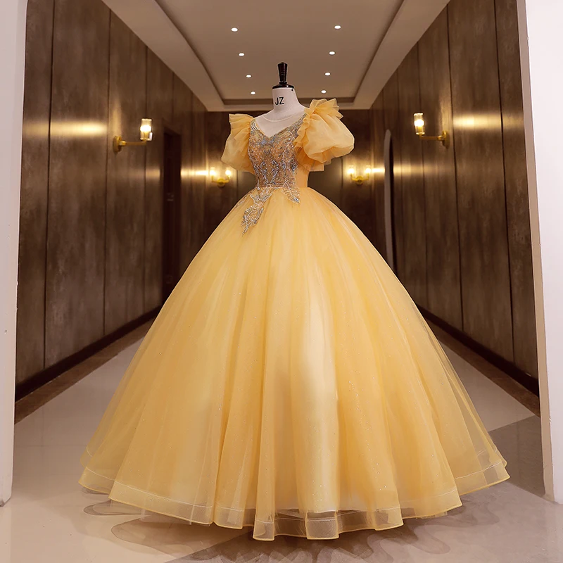 slim fit dress slacks Gold Lace Flower Girls Pageant Dresses for Wedding Long Puffy Prom Tul –  Avadress main image 0
