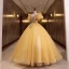 Elegant Yellow Prom Dresses 2022 Ball Gown Scoop Neck Puffy Short Sleeve Beading Pearl Sequins Backless Floor-Length / Long Prom Formal Dresses