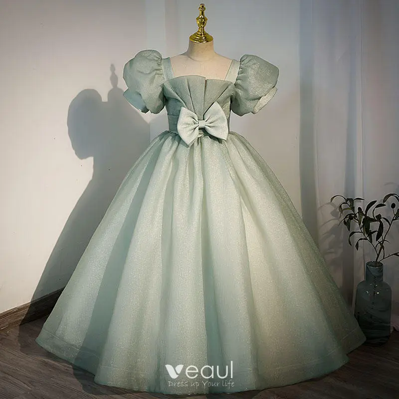 Chic / Beautiful Sage Green Sequins Birthday Flower Girl Dresses 2022 Ball  Gown Square Neckline Bow Puffy Short Sleeve Backless Floor-Length / Long Flower  Girl Dresses