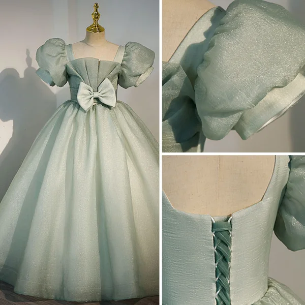 Chic / Beautiful Sage Green Sequins Birthday Flower Girl Dresses 2022 Ball Gown Square Neckline Bow Puffy Short Sleeve Backless Floor-Length / Long Flower Girl Dresses