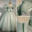 Chic / Beautiful Sage Green Sequins Birthday Flower Girl Dresses 2022 Ball Gown Square Neckline Bow Puffy Short Sleeve Backless Floor-Length / Long Flower Girl Dresses