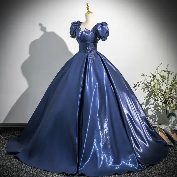 Vintage / Retro Navy Blue Beading Appliques Prom Dresses 2025 Ball Gown Square Neckline Puffy Short Sleeve Backless Floor-Length / Long Prom Formal Dresses