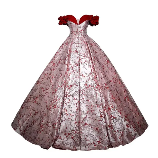 Fashion Burgundy Printing Prom Dresses 2023 Ball Gown Off-The-Shoulder Sleeveless Backless Floor-Length / Long Prom Formal Dresses