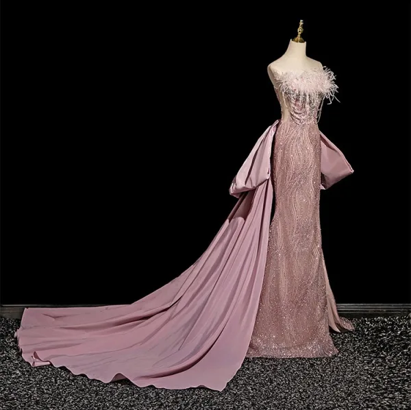 Sexy Rougissant Rose Perlage Faux Diamant Paillettes Gland Robe De Soirée 2025 Trompette / Sirène Bustier Sans Manches Dos Nu Noeud Tribunal Train Soirée