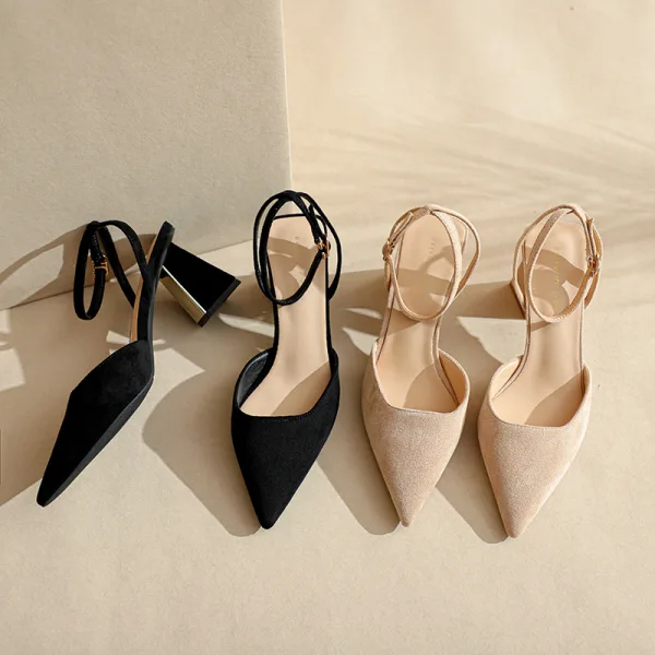 Chic / Beautiful Black Street Wear Womens Sandals 2023 Ankle Strap 7 cm Thick Heels Pointed Toe Sandals High Heels