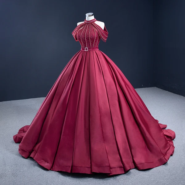 Luxury / Gorgeous Burgundy Quinceañera Handmade Prom Dresses 2021 Halter Sleeveless Solid Color Satin Ball Gown Red Carpet Beading Formal Dresses Court Train