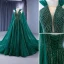 High End Vintage Dunkelgrün Handgefertigt Perlenstickerei Pailletten Ballkleider 2023 A Linie Eckiger Ausschnitt Ärmellos Rückenfreies Hof-Schleppe Ball Festliche Kleider