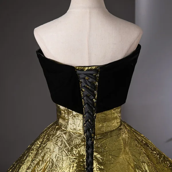 Vintage / Retro Black Gold Ball Gown Prom Dresses 2024 Strapless Sleeveless Backless Floor-Length / Long Prom Formal Dresses