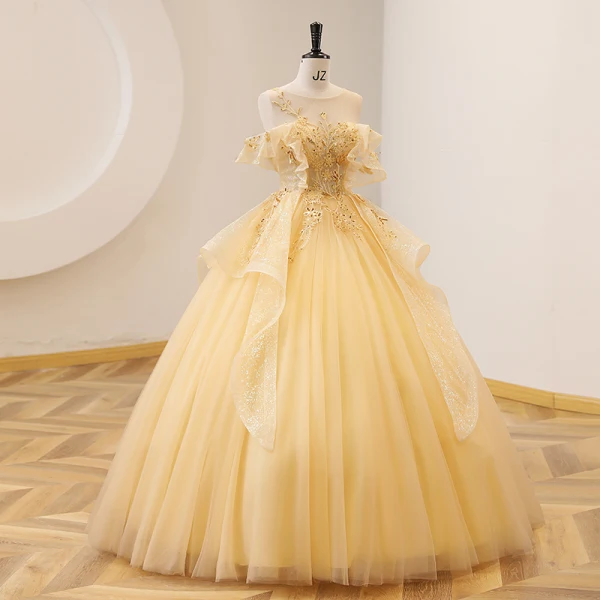 Chic / Beautiful Yellow Lace Pearl Sequins Prom Dresses 2022 Ball Gown Scoop Neck Short Sleeve Backless Floor-Length / Long Prom Formal Dresses