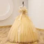 Chic / Beautiful Yellow Lace Pearl Sequins Prom Dresses 2022 Ball Gown Scoop Neck Short Sleeve Backless Floor-Length / Long Prom Formal Dresses