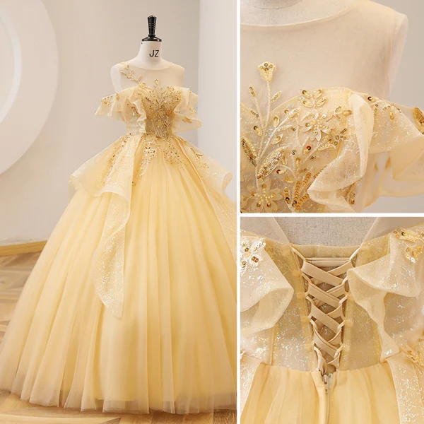 Chic / Beautiful Yellow Lace Pearl Sequins Prom Dresses 2022 Ball Gown Scoop Neck Short Sleeve Backless Floor-Length / Long Prom Formal Dresses