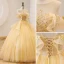 Chic / Beautiful Yellow Lace Pearl Sequins Prom Dresses 2022 Ball Gown Scoop Neck Short Sleeve Backless Floor-Length / Long Prom Formal Dresses