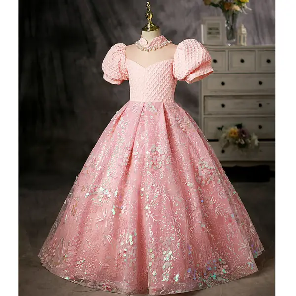Charmant Rose Bonbon Anniversaire Perle Faux Diamant Paillettes Robe Ceremonie Fille 2022 Robe Boule Col Haut Gonflée Manches Courtes Longue Robe Ceremonie Fille