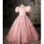Charmant Rose Bonbon Anniversaire Perle Faux Diamant Paillettes Robe Ceremonie Fille 2022 Robe Boule Col Haut Gonflée Manches Courtes Longue Robe Ceremonie Fille