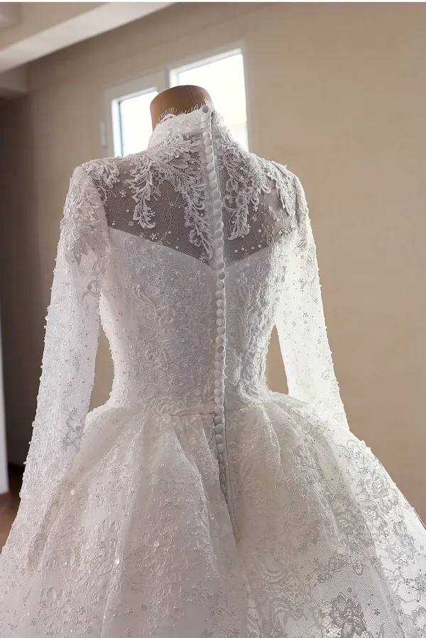 Luxury / Gorgeous White Handmade  Beading Pearl Lace Flower Sequins Wedding Dresses 2026 Ball Gown High Neck Long Sleeve Chapel Train