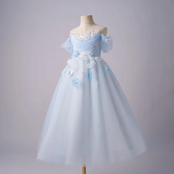 Chic / Beautiful Sky Blue Pearl Sequins Appliques Birthday Flower Girl Dresses 2025 A-Line / Princess Scoop Neck Short Sleeve Backless Floor-Length / Long Flower Girl Dresses