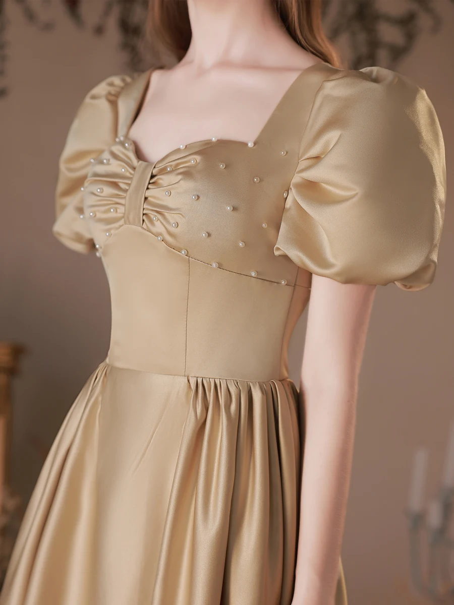 Modest Simple Champagne Gold Satin Prom Dresses 2022 A Line Princess Square  Neckline Pearl Puffy Short Sleeve Backless Floor Length Long Formal Dresses