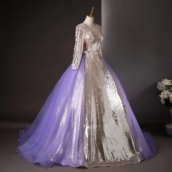 Sparkly Silver Sequins Prom Dresses 2025 Ball Gown V-Neck Long Sleeve Backless Floor-Length / Long Formal Dresses