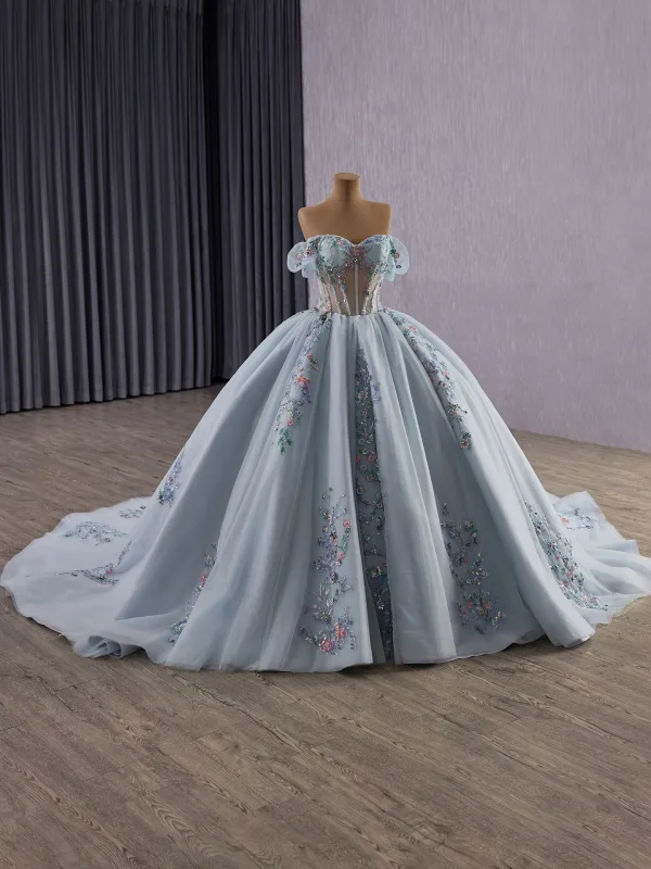 High-end Sky Blue Sequins Lace Flower Prom Dresses 2025 Ball Gown Off-The-Shoulder Short Sleeve Backless Court Train Formal Dresses