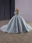 High-end Sky Blue Sequins Lace Flower Prom Dresses 2025 Ball Gown Off-The-Shoulder Short Sleeve Backless Court Train Formal Dresses