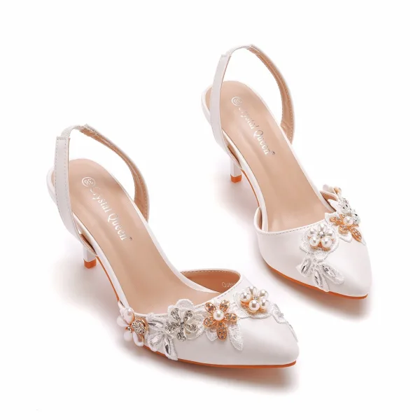 Charming White Pearl Rhinestone Lace Flower Wedding Shoes 2023 7 cm Stiletto Heels Pointed Toe Wedding Sandals High Heels