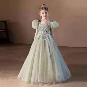Chic Belle Vert Cendré Perle En Dentelle Fleur Anniversaire Robe Ceremonie Fille 2024 Robe Boule Encolure Dégagée Gonflée Manches Courtes Dos Nu Longue Robe Ceremonie Fille
