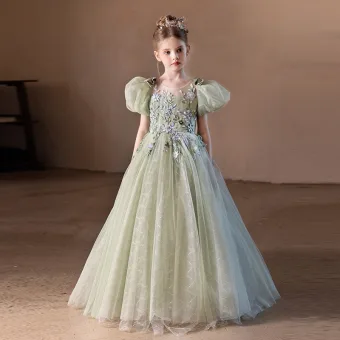 Chic Belle Vert Cendré Perle En Dentelle Fleur Anniversaire Robe Ceremonie Fille 2024 Robe Boule Encolure Dégagée Gonflée Manches Courtes Dos Nu Longue Robe Ceremonie Fille