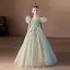 Chic / Beautiful Sage Green Pearl Lace Flower Birthday Flower Girl Dresses 2024 Ball Gown Scoop Neck Puffy Short Sleeve Backless Floor-Length / Long Flower Girl Dresses