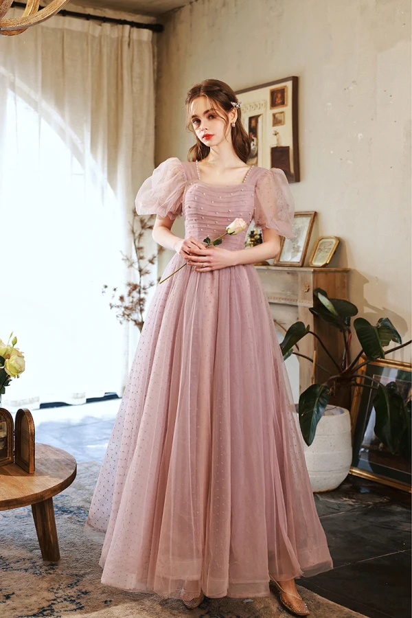 Modest / Simple Blushing Pink Pearl Prom Dresses 2022 A-Line / Princess Square Neckline Short Sleeve Backless Floor-Length / Long Formal Dresses