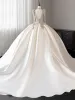 Vintage / Retro Ivory Beading Rhinestone Sequins Satin Wedding Dresses 2024 Ball Gown V-Neck Long Sleeve Backless Chapel Train Wedding