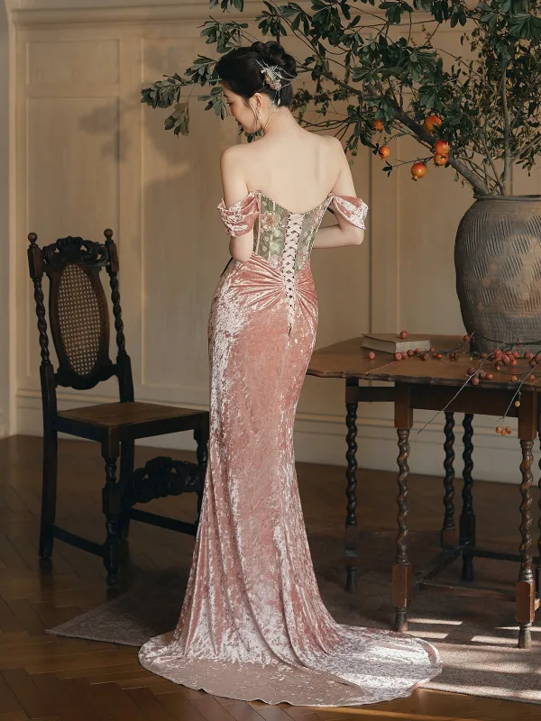 Sexy Rougissant Rose Perlage Glitter Paillettes Robe De Soirée 2025 Trompette / Sirène De l'épaule Sans Manches Dos Nu Train De Balayage Soirée Robe De Ceremonie