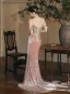 Sexy Rougissant Rose Perlage Glitter Paillettes Robe De Soirée 2025 Trompette / Sirène De l'épaule Sans Manches Dos Nu Train De Balayage Soirée Robe De Ceremonie