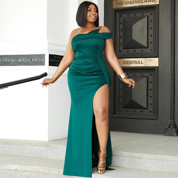 Sexy Plus Size Dark Green Split Front Evening Dresses 2022 Trumpet / Mermaid One-Shoulder Sleeveless Backless Floor-Length / Long Evening Party Formal Dresses