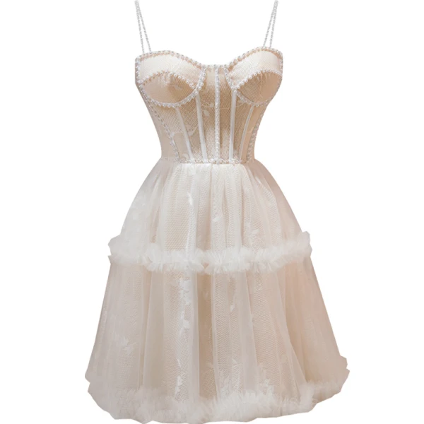 Sexy Nude Pearl Pierced Evening Party Party Dresses 2022 A-Line / Princess Spaghetti Straps Sleeveless Backless Short Party Dresses