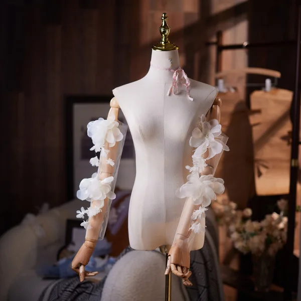 Elegante Champagner Handgefertigt Applikationen Tülle Brauthandschuhe 2026 Hochzeit Schulterschmuck