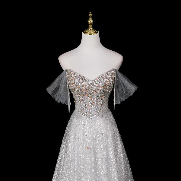 Charmant Glitzernden Silber Strass Pailletten Ballkleider 2025 A Linie Off Shoulder Kurze Ärmel Rückenfreies Lange Festliche Kleider