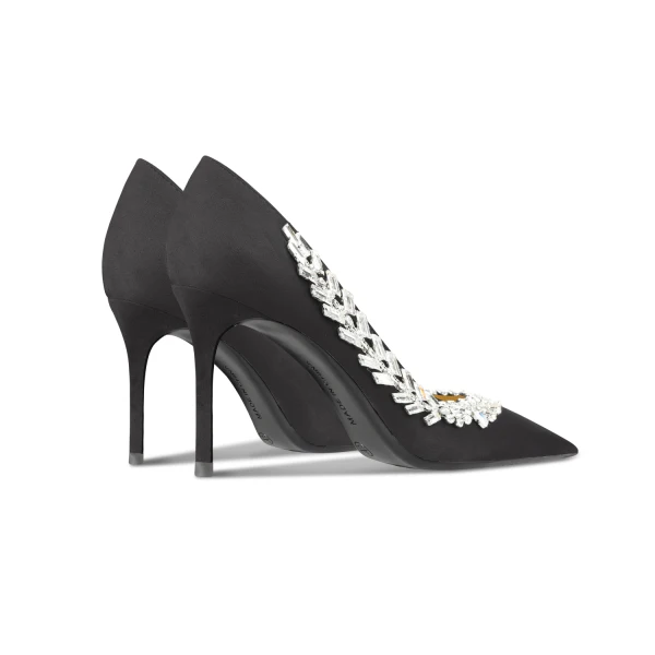 Fashion Black Rhinestone Evening Party Suede Pumps 2024 Leather 10 cm Stiletto Heels Pointed Toe Pumps High Heels