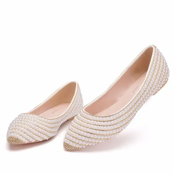Scintillantes Doré Perle Faux Diamant Plate Chaussure De Mariée 2023 À Bout Pointu Chaussure De Mariée