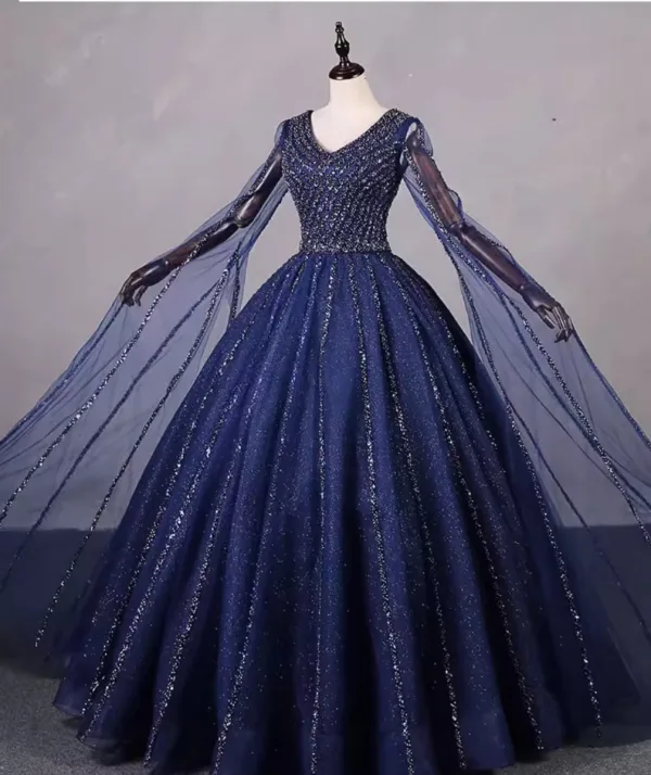 Vintage / Retro Navy Blue Beading Sequins Prom Dresses 2023 Ball Gown V-Neck Sleeveless Backless Floor-Length / Long Formal Dresses
