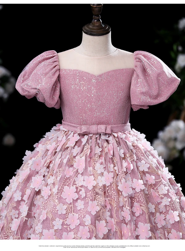 Lovely Candy Pink Glitter Lace Flower Appliques Flower Girl Dresses 2024 Ball Gown Birthday Scoop Neck Puffy Short Sleeve Floor-Length / Long