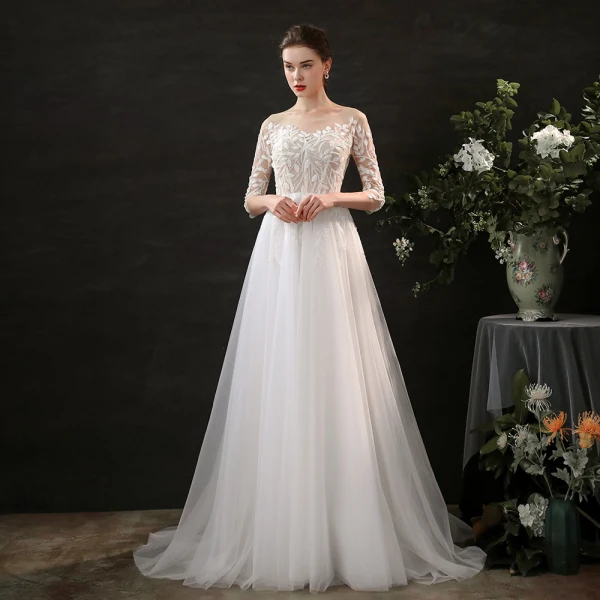 Elegant Leaf Lace Ivory Bridal Wedding Dresses 2021 A-Line / Princess Scoop Neck 3/4 Sleeve Court Train Tulle