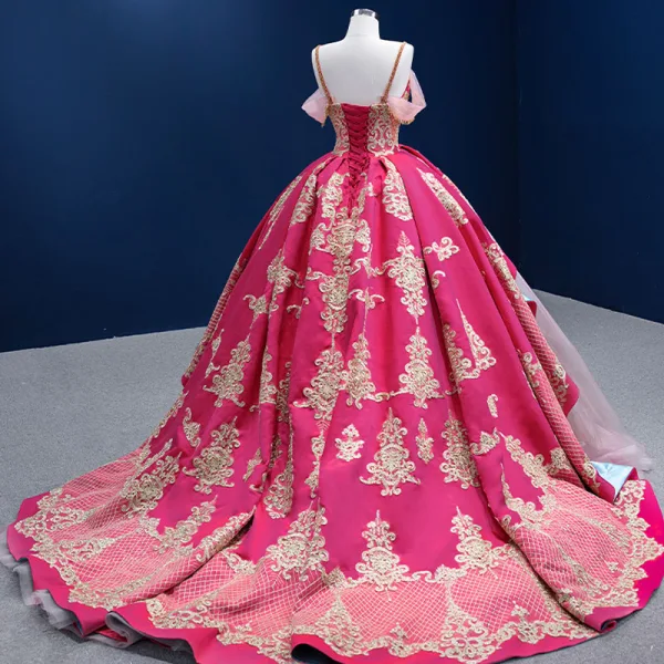 Fancy Fuchsia Multi-Colors Prom Dresses 2022 Ball Gown Spaghetti Straps Sleeveless Backless Beading Lace Flower Sequins Satin Chapel Train Formal Dresses