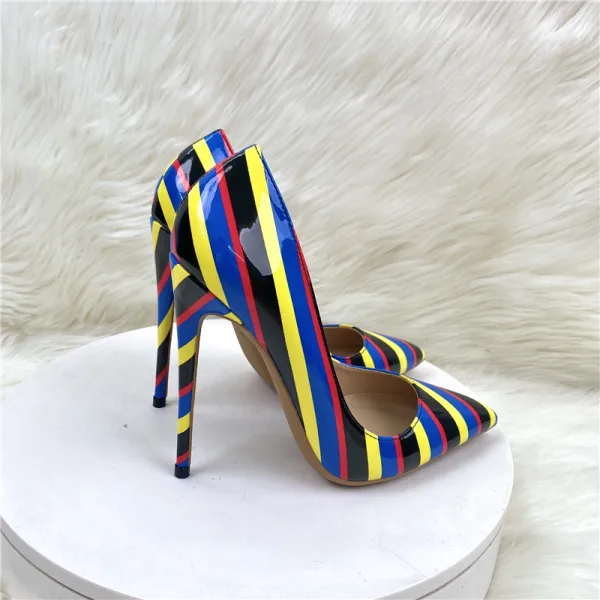 Uvanlig Multi-Farger Stripet Aften Pumps 2023 12 cm Stiletthæler Spisse Pumps Høyhælte