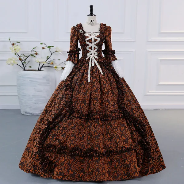 Vintage / Retro Medieval Champagne Lace Flower Ruffle Prom Dresses 2025 Ball Gown Square Neckline Bat Sleeve Backless Floor-Length / Long Formal Dresses