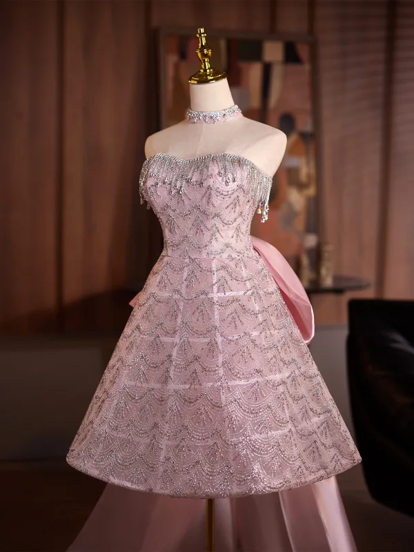 Sjarmerende Bling Bling Rødmende Rosa Beading Rhinestone Paljetter Selskapskjoler 2025 Prinsesse Kjæreste Uten Ermer Ryggløse Sløyfe Knelengde Aften
